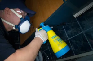 Csótányirtó szakember légzésvédő maszkban, kézi permetezővel végez csótányirtást egy konyhában.